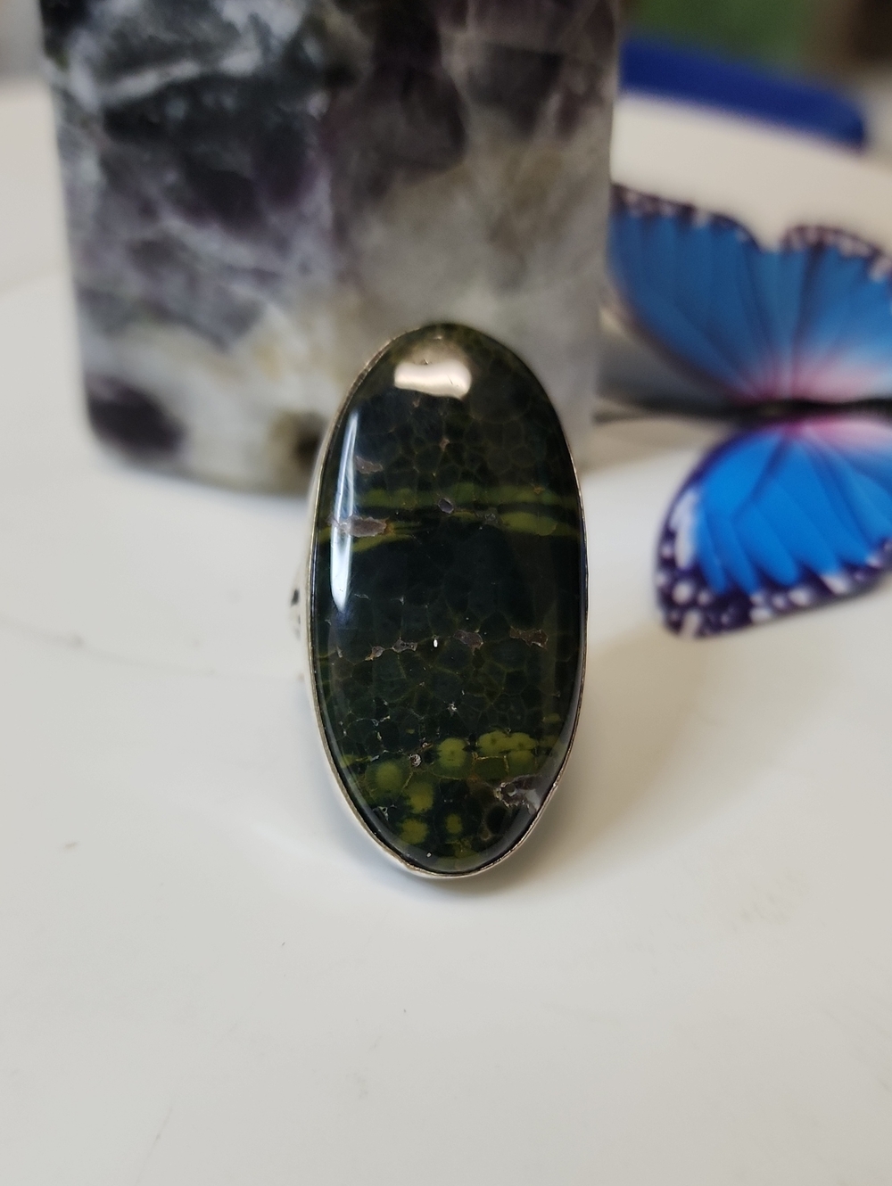 Olive Green Oval Ocean Jasper Statement Ring - Women Jewelry